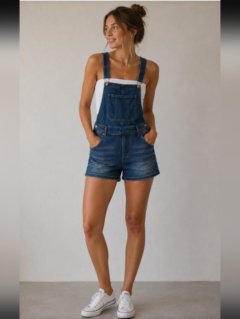 GEMMA RAE Wms Shorts Overalls Blue Denim Raw Hem Med Wash Stretchy Size M